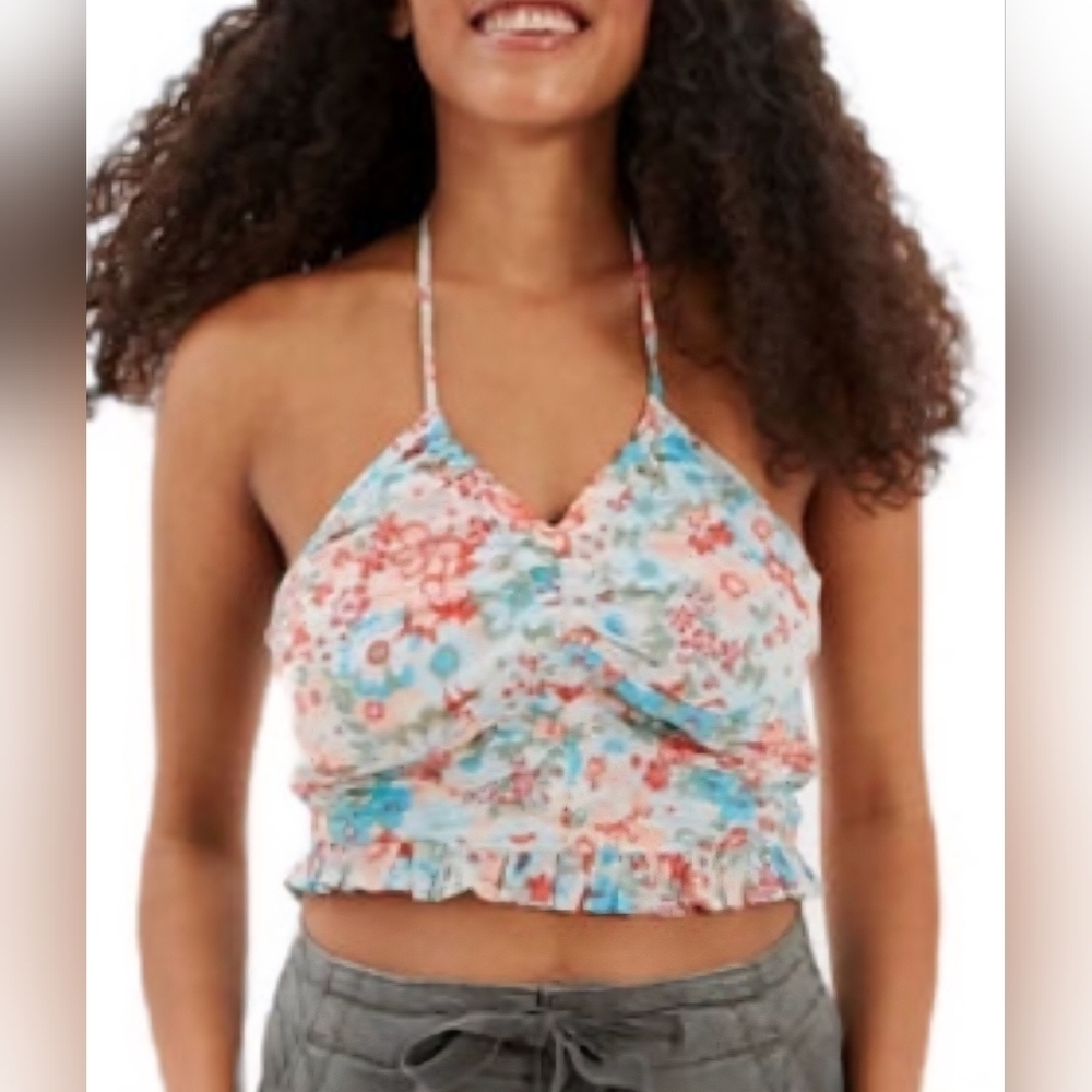 AMERICAN EAGLE Floral Cinch Front Smocked Back Ruffle Halter Crop Small NWT